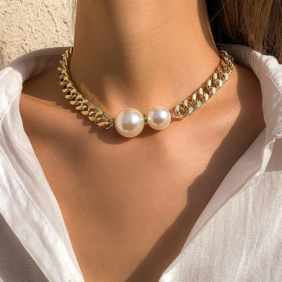 Colar pingente de pérolas imitadas góticas para mulheres, correntes cubanas vintage, colares punk, gargantilhas girl, acessórios de moda, joias