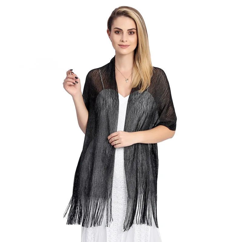 Moda Ouro Prata Brilhante Silk Sunscreen Scarf Feminino Long Tassel Evening Party Dress Xaile Verão Fino Praia Bikini Sun Cloak