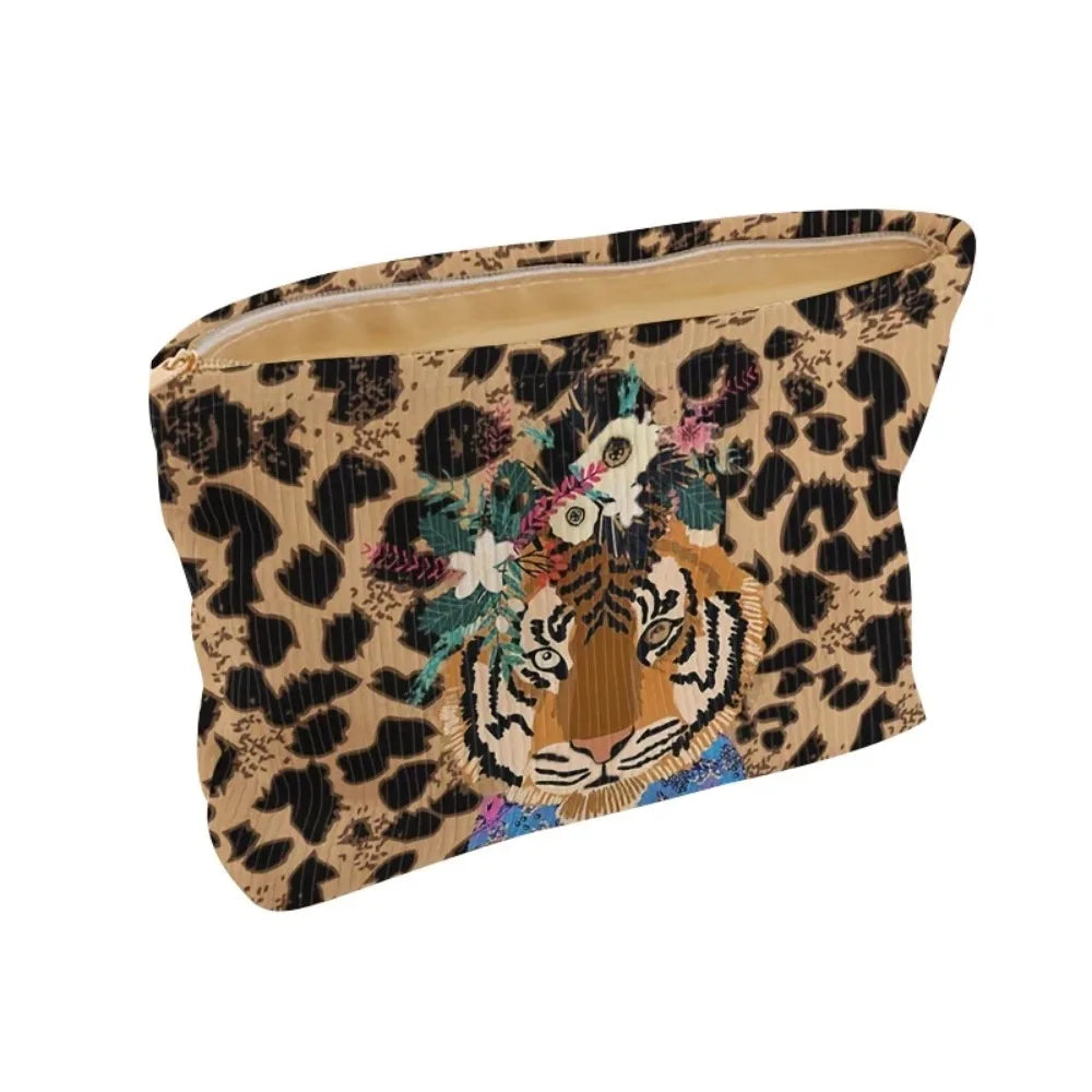Bolsa de maquiagem de veludo com estampa de leopardo tigre elegante com zíper, bolsa de armazenamento de cosméticos multifuncional leve com forro