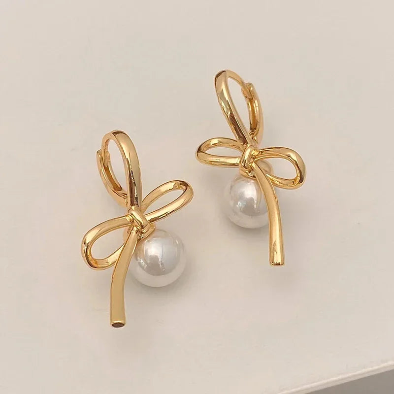 Real 925 prata esterlina 14k ouro pérola oco bowknot hoop brincos para mulheres minimalista jóias finas acessórios bonitos