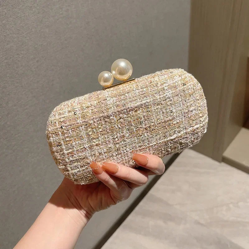 Saco de noite Sequin Tweed Faux Pearl Clutch Purse Bolsas Padrão Xadrez para Festa de Casamento Bolsas Crossbody de Ombro Pequeno