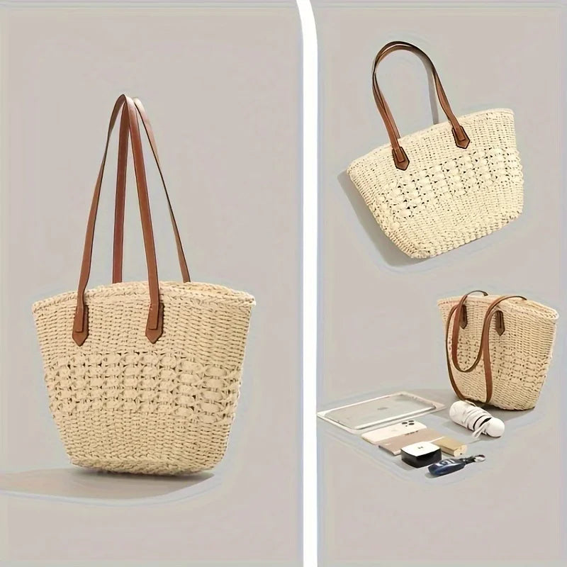 Moda oco saco de palha férias viagem praia saco de ombro feminino grande capacidade trançado sacola de compras diárias saco de mão