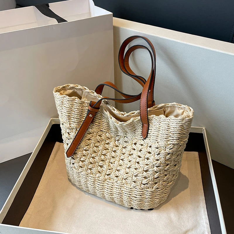 Designer casual rattan vime sacola grande capacidade tecido feminino verão praia palha bolsa senhora viagem grande cesta