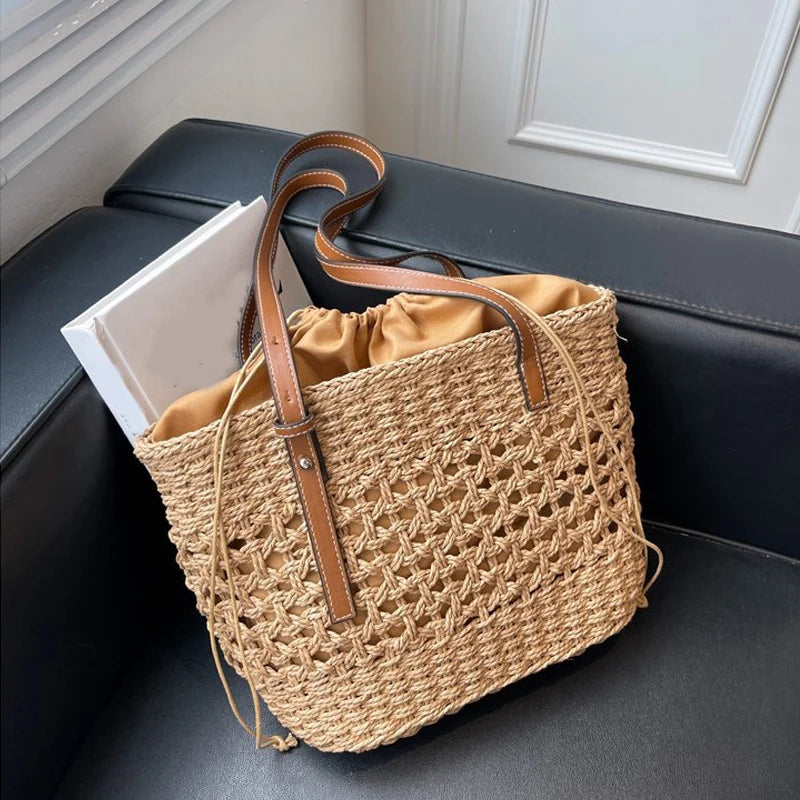 Designer casual rattan vime sacola grande capacidade tecido feminino verão praia palha bolsa senhora viagem grande cesta