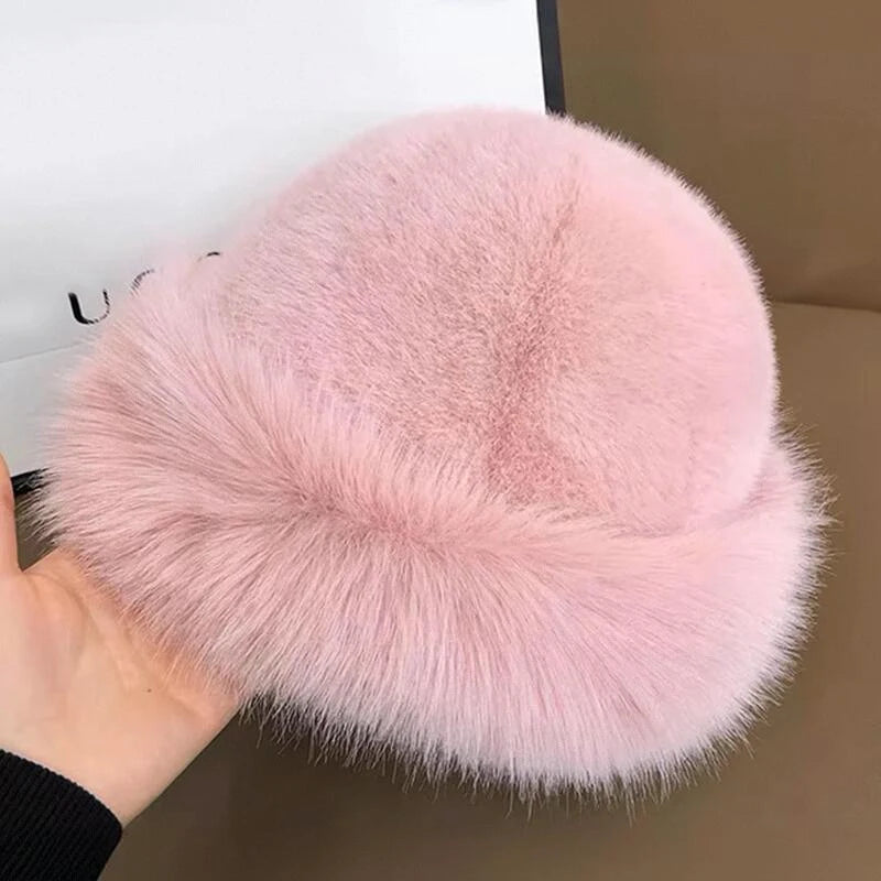 Inverno grosso quente peludo gorros chapéu moda feminina imitação de pele de vison boné russo cor sólida de pelúcia boné sem aba chapéu de esqui