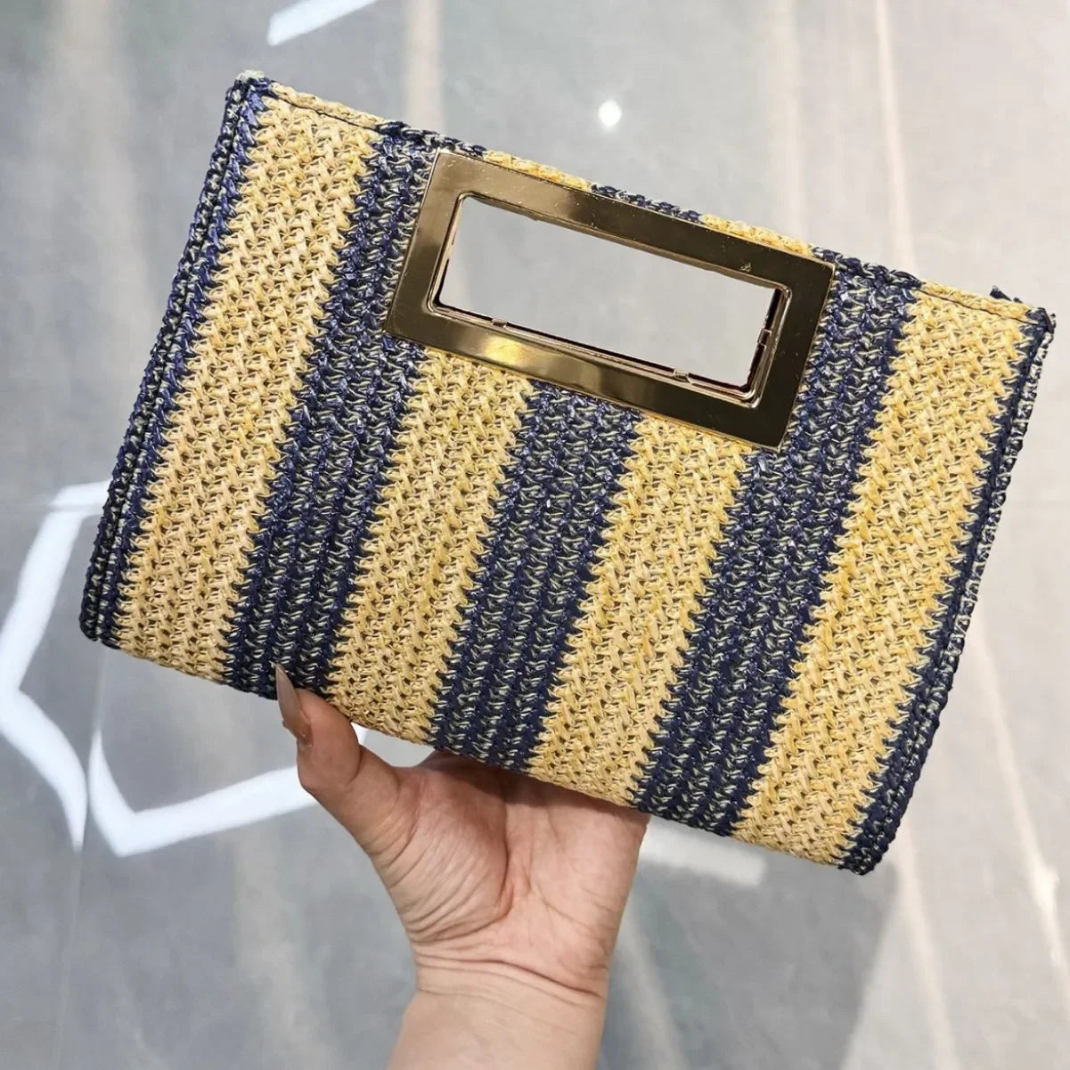 Bolsa de mão de palha tecida elegante para mulheres, bolsa de jantar elegante, bolsa portátil, padrão de jacaré, interior de poliéster