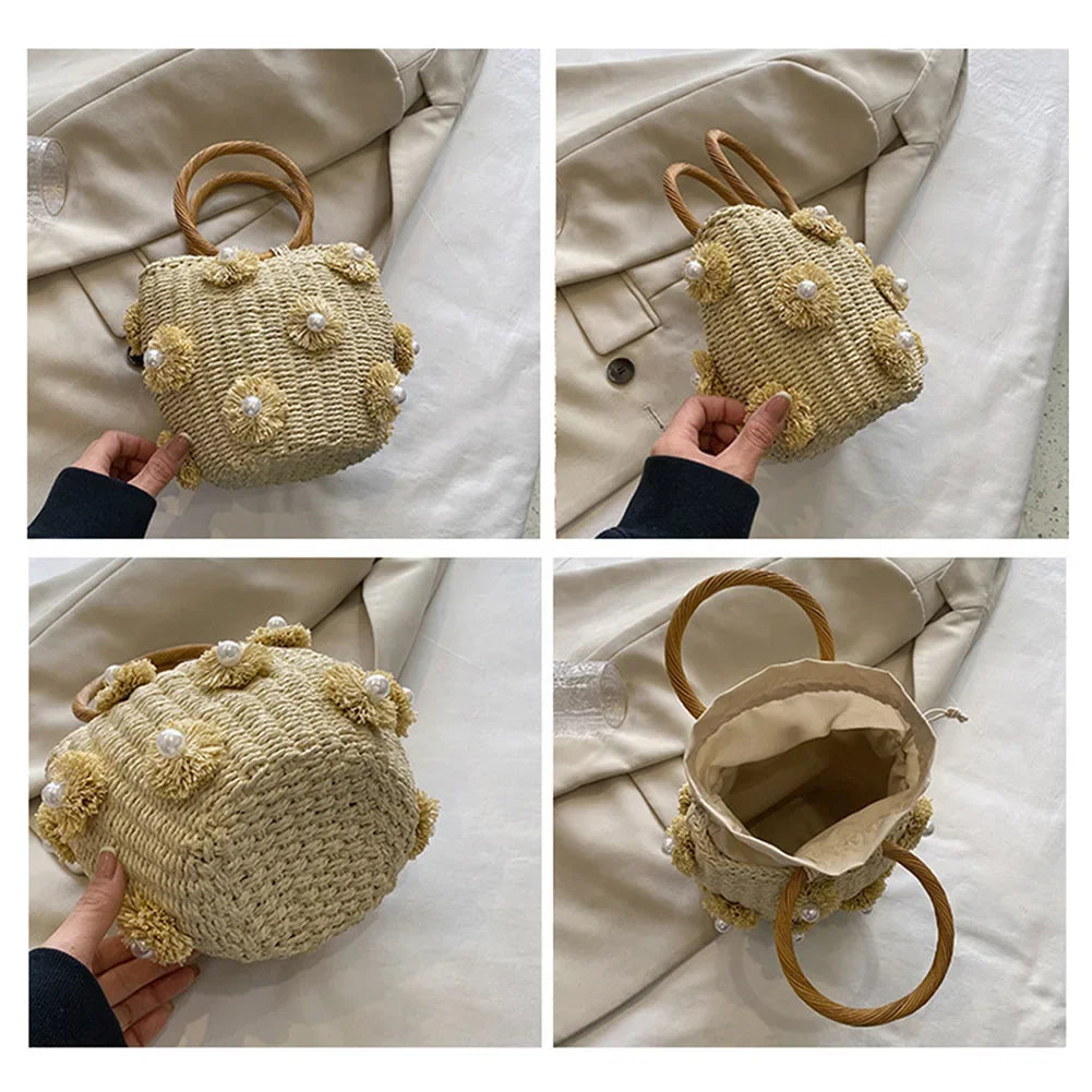 Bolsa feminina de palha com pérolas, bolsa de tecido artesanal com cordão para pulso, bolsa de praia para férias de verão