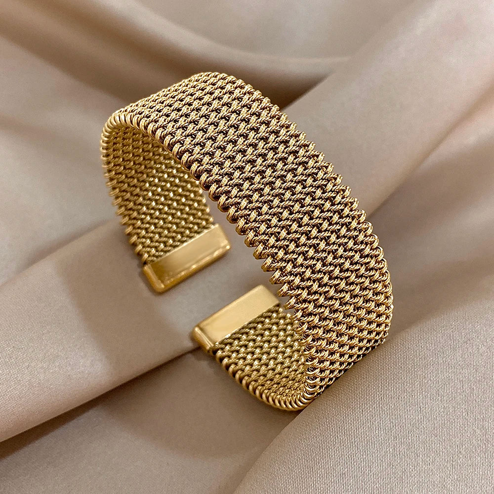 Pulseira vintage de malha trançada de aço inoxidável, punho clássico, joias à prova d'água para mulheres, homens, uso diário de festa, joias, presentes