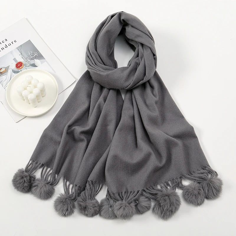 Lenço quente feminino com bola de pele de coelho pashmina lenços grossos xales inverno cashmere pompom cachecol senhoras oversize cobertor envoltório