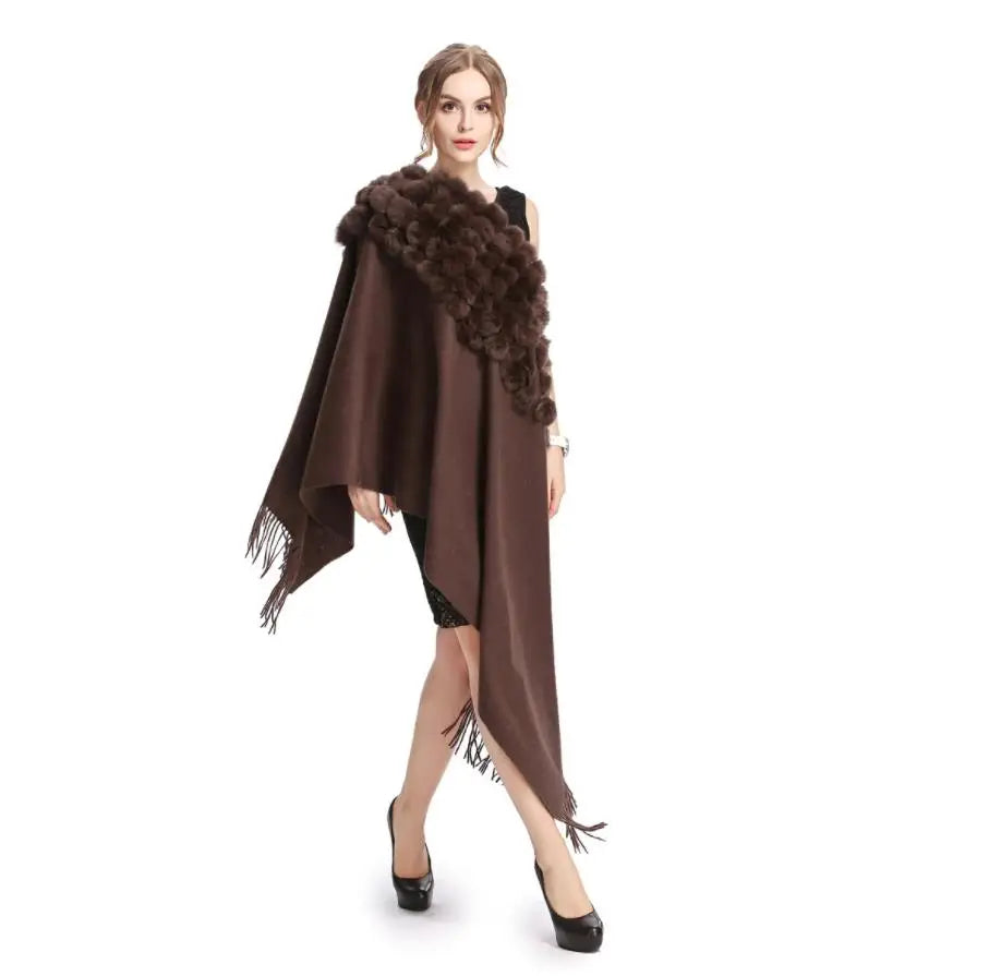 Lenço Pashmina Borgonha feminino 100% lã, bolas de pele de coelho, borla fina, xale grosso, moda quente, novo, alta qualidade