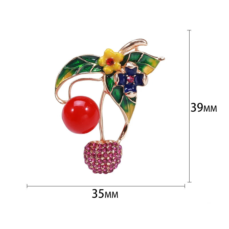 Broches de cereja esmalte para mulheres, Unisex Rhinestone Fruit Pins, Banquete Party Backpack Presentes, Acessórios de jóias