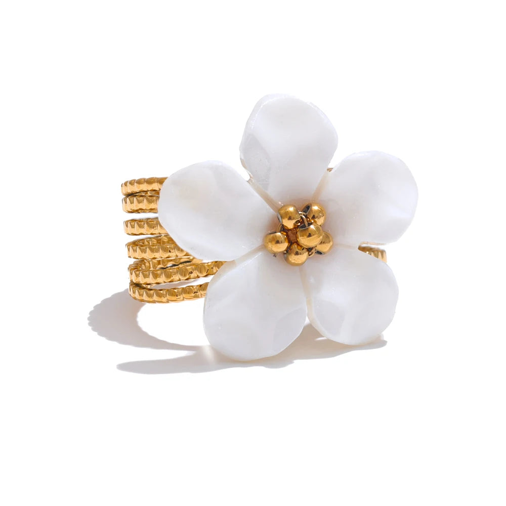 Yhpup mais grosso concha natural flor aberta cor de ouro anel moda aço inoxidável elegante requintado à prova dwaterproof água jóias de dedo