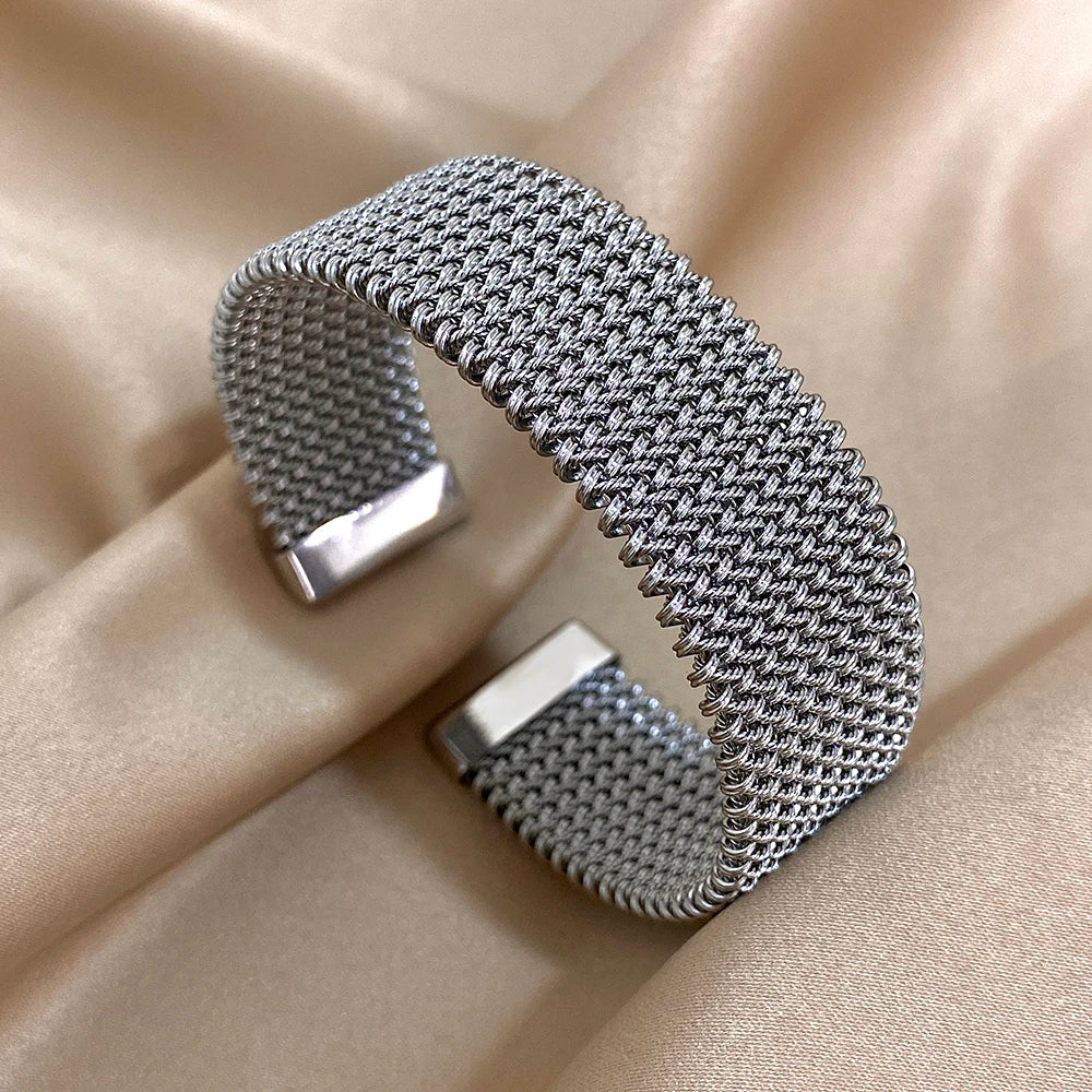 Pulseira vintage de malha trançada de aço inoxidável, punho clássico, joias à prova d'água para mulheres, homens, uso diário de festa, joias, presentes