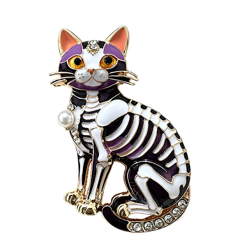 Broche Gato Esqueleto com Caveira de Açúcar Esmaltado Design Temático Halloween Feminino