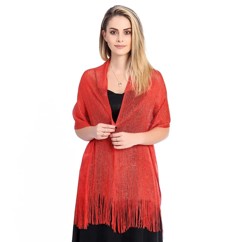 Moda Ouro Prata Brilhante Silk Sunscreen Scarf Feminino Long Tassel Evening Party Dress Xaile Verão Fino Praia Bikini Sun Cloak