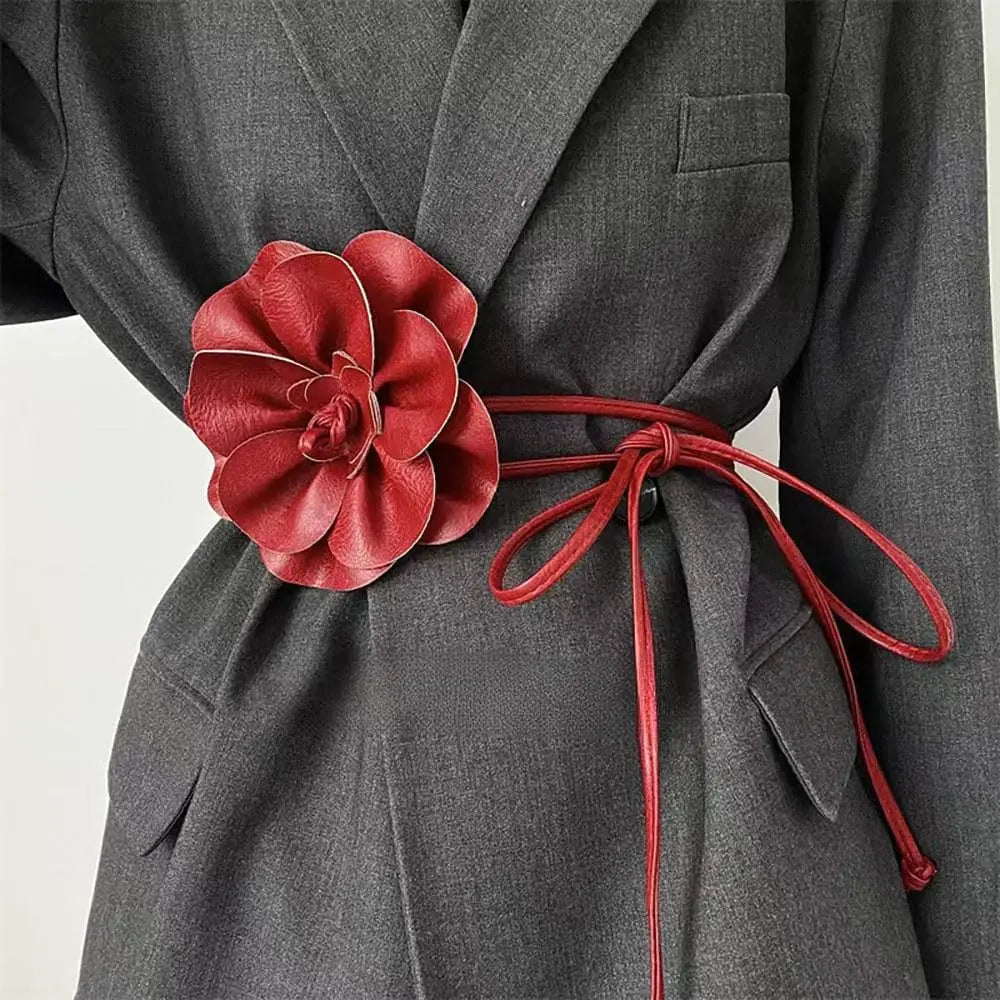 Cinto de couro PU boêmio – faixa envoltória com gravata de flor grande e laço para decoração de vestido