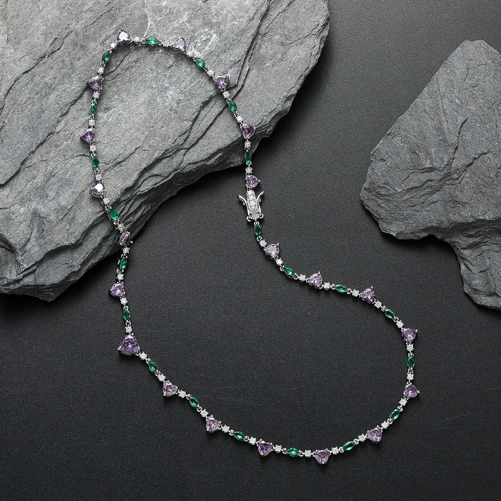 Colar de pedra coração roxo para mulheres, CZ tênis corrente, Bling Bling cadeia, latão, BC182