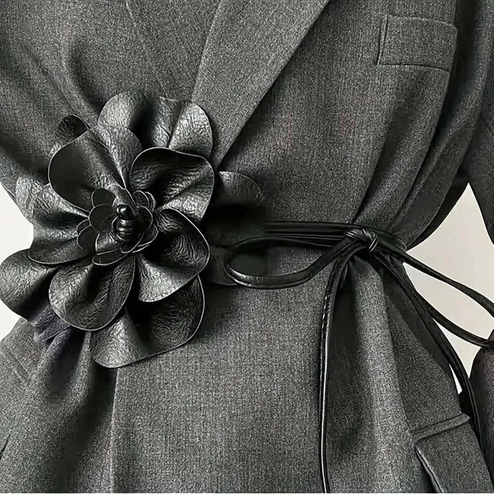 Cinto de couro PU boêmio – faixa envoltória com gravata de flor grande e laço para decoração de vestido