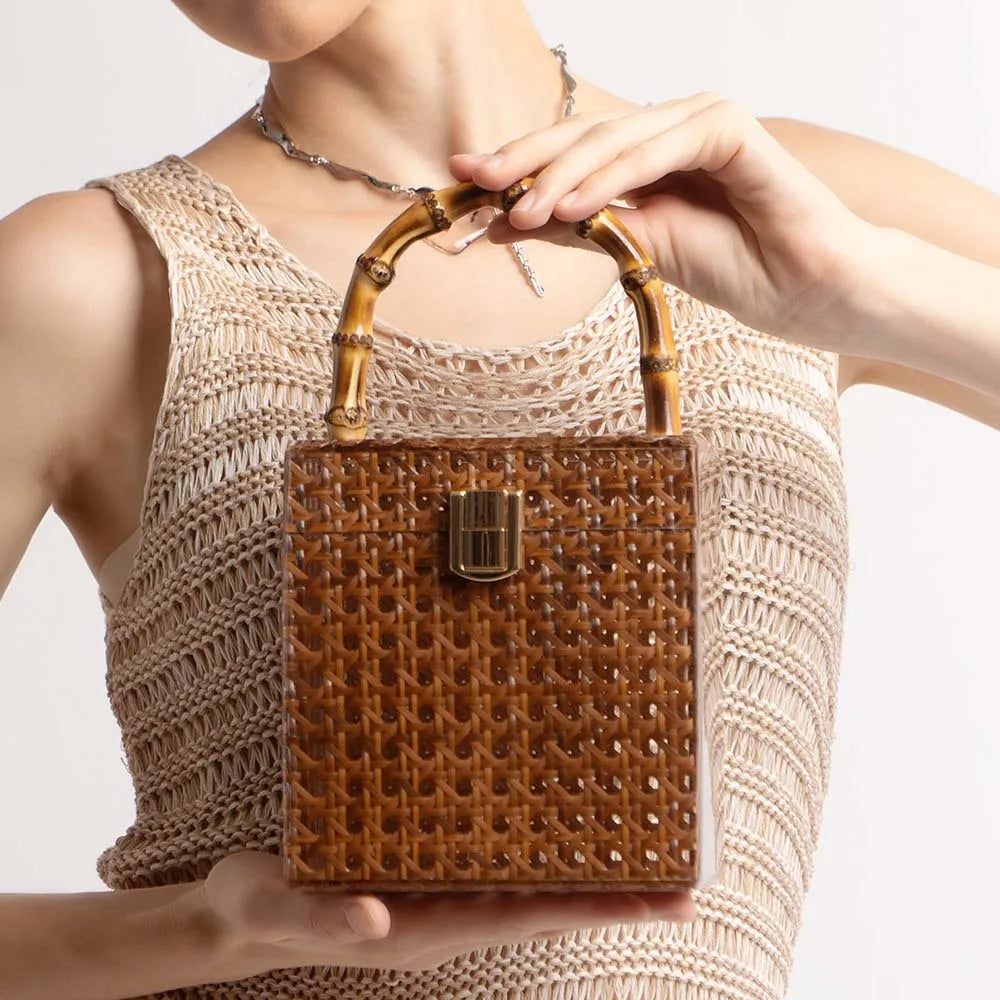 Mulheres casamento noite saco de embreagem senhora caixa bolsa feminina designer acrílico rattan alça bambu verão pro presente praia totes