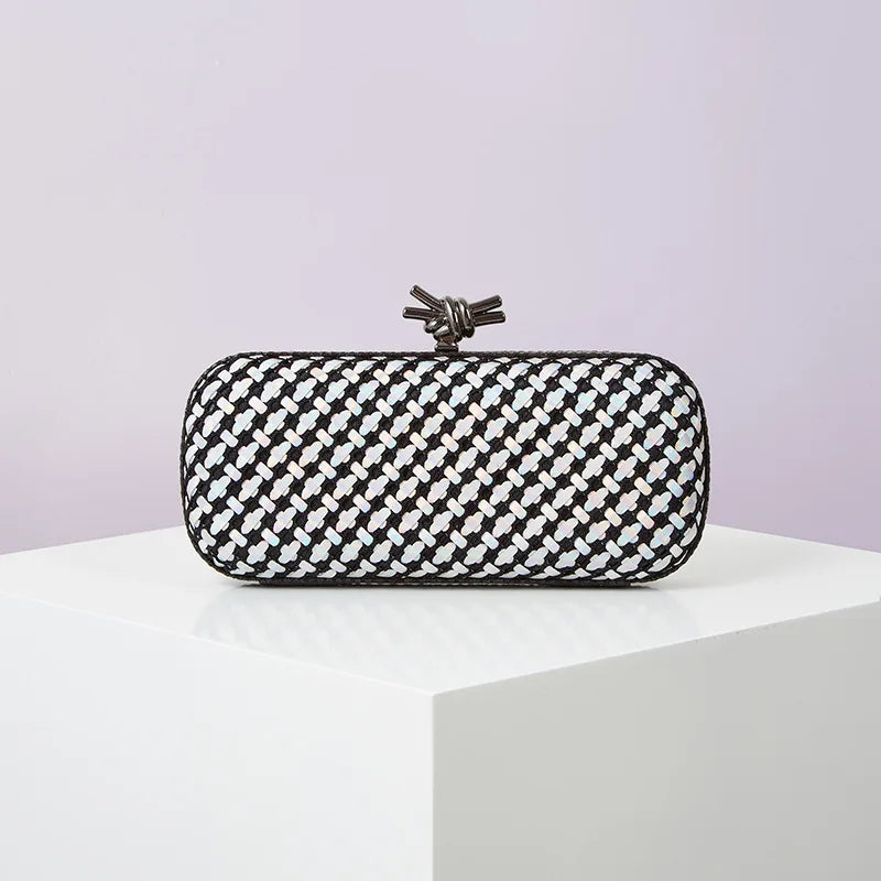 Bolsa de mão de noite dourada para mulheres, bolsa de couro e linha brilhante, elegante, feminina, com nó de metal, bolsa de festa