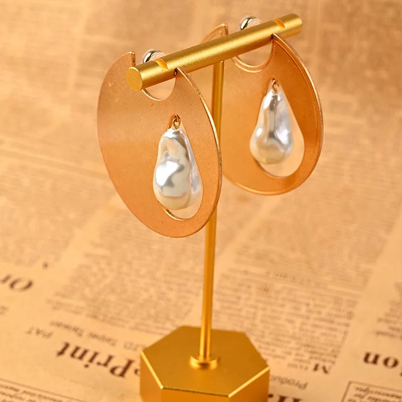 Brincos Minimalistas Geométricos Chapeados Cobre, Ouro Real, Pérolas Barrocas, Joias de Luxo, Francês, Personalidade, 2024