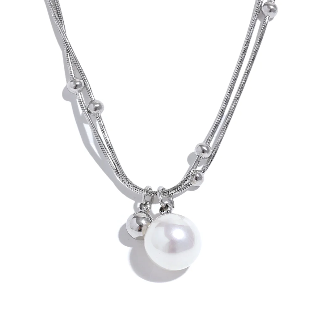 Yhpup elegante imitação de pérolas de aço inoxidável contas redondas corrente pingente colar para mulheres ouro prata cor jóias coreanas