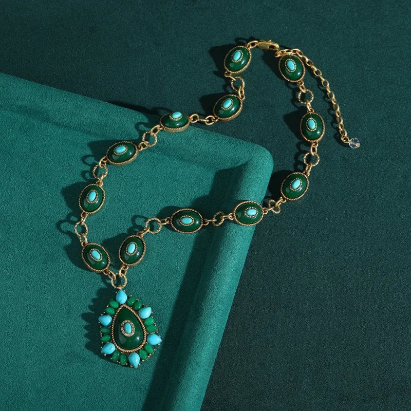 Retro verde colar vintage pedra natural pingentes encantos para mulheres olho frisado cor de ouro antigo jóias presente dia das mães 2025