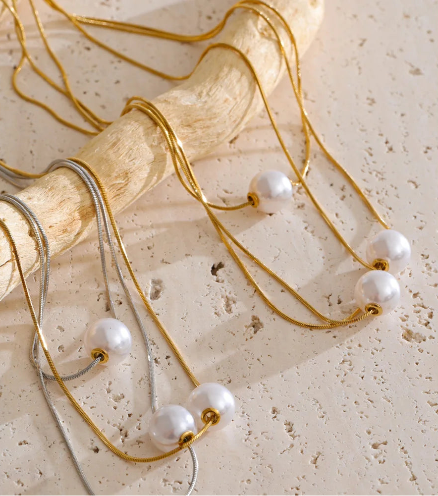 Yhpup coreano aço inoxidável simulado pérolas 3 camadas pingente colar popular moda chique requintado jóias acessórios presente