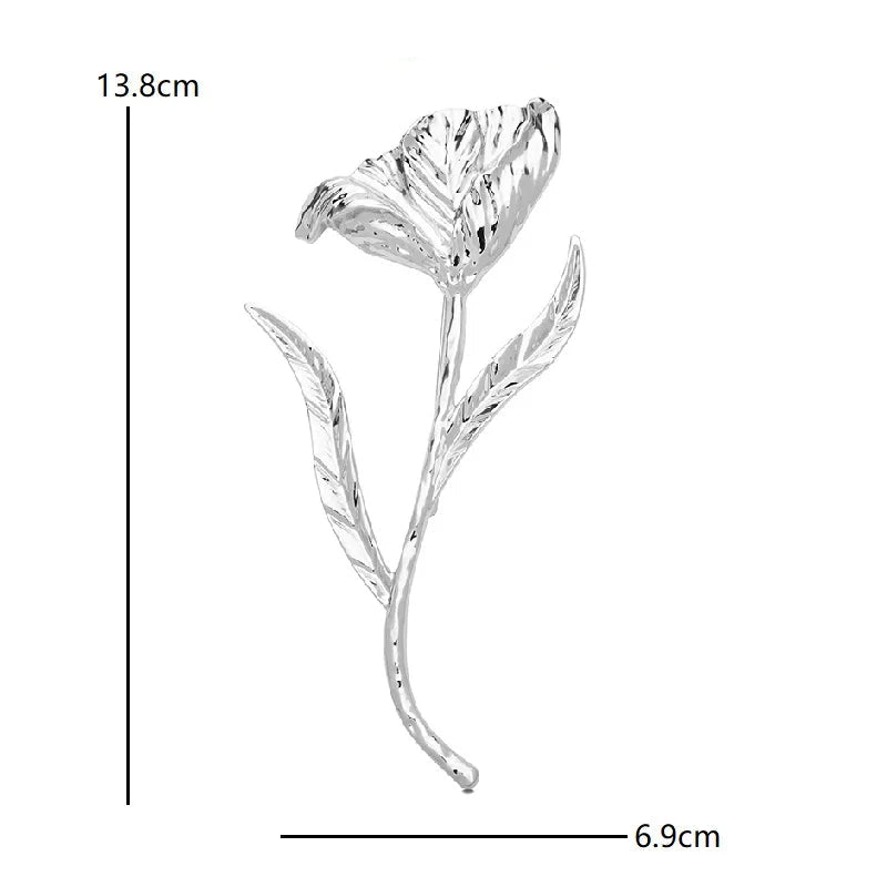 Broche de Flor Tulipa Grande em Metal Elegante Dourado Prateado