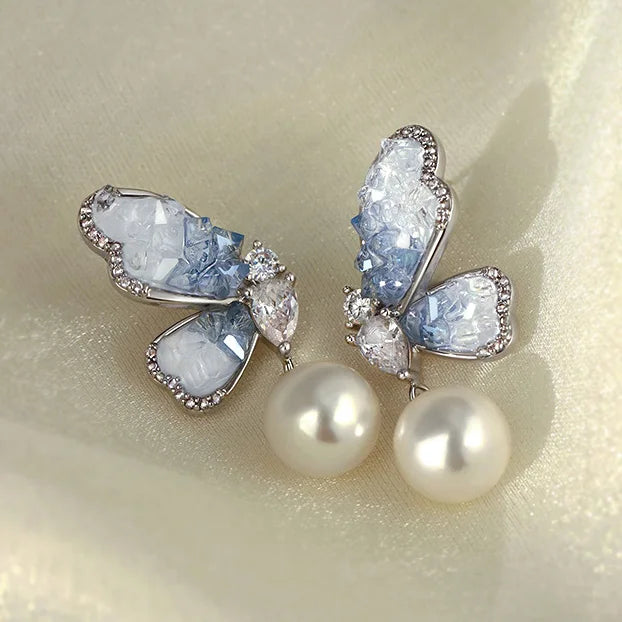 Ponykiss 925 prata esterlina zircão pérola borboleta brincos para mulheres bonito inseto jóias finas luz acessórios de luxo