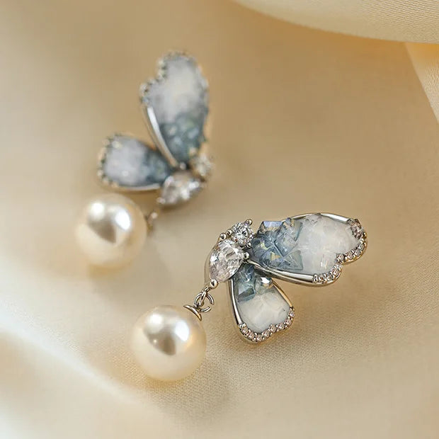 Ponykiss 925 prata esterlina zircão pérola borboleta brincos para mulheres bonito inseto jóias finas luz acessórios de luxo