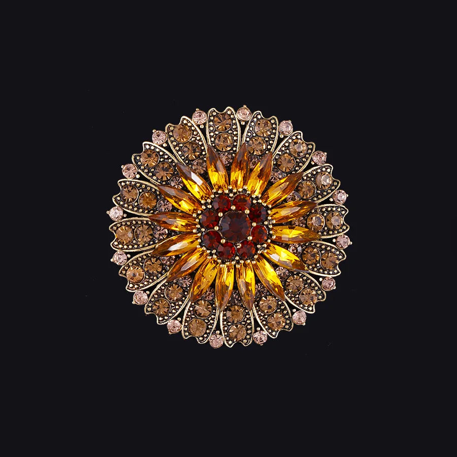 Broche Girassol Vintage com Cristais Design Elegante Feminino