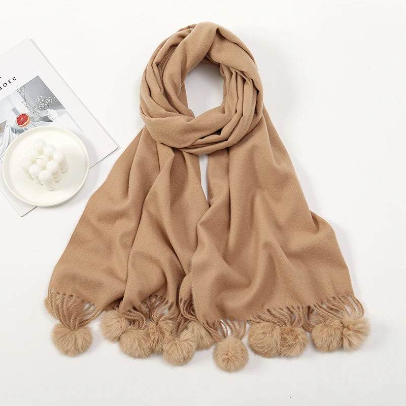 Lenço quente feminino com bola de pele de coelho pashmina lenços grossos xales inverno cashmere pompom cachecol senhoras oversize cobertor envoltório