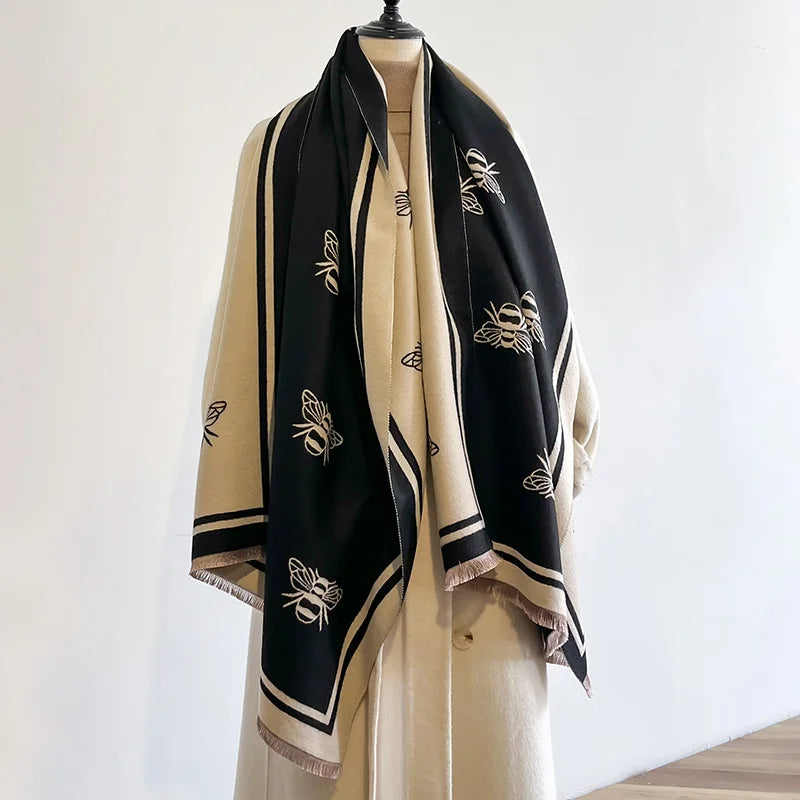 Luxo marca de dois lados abelhas lenço, imitação de caxemira, macio, quente, franja, pashmina, xale, inverno, coldproof, à prova de vento, cobertor