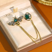 Luxo Bee Chain Tassel Broche Set para Homens e Mulheres, Pedra de Cristal Verde, Strass Broche Pins, Vestido Suit Acessórios, Presentes Retro