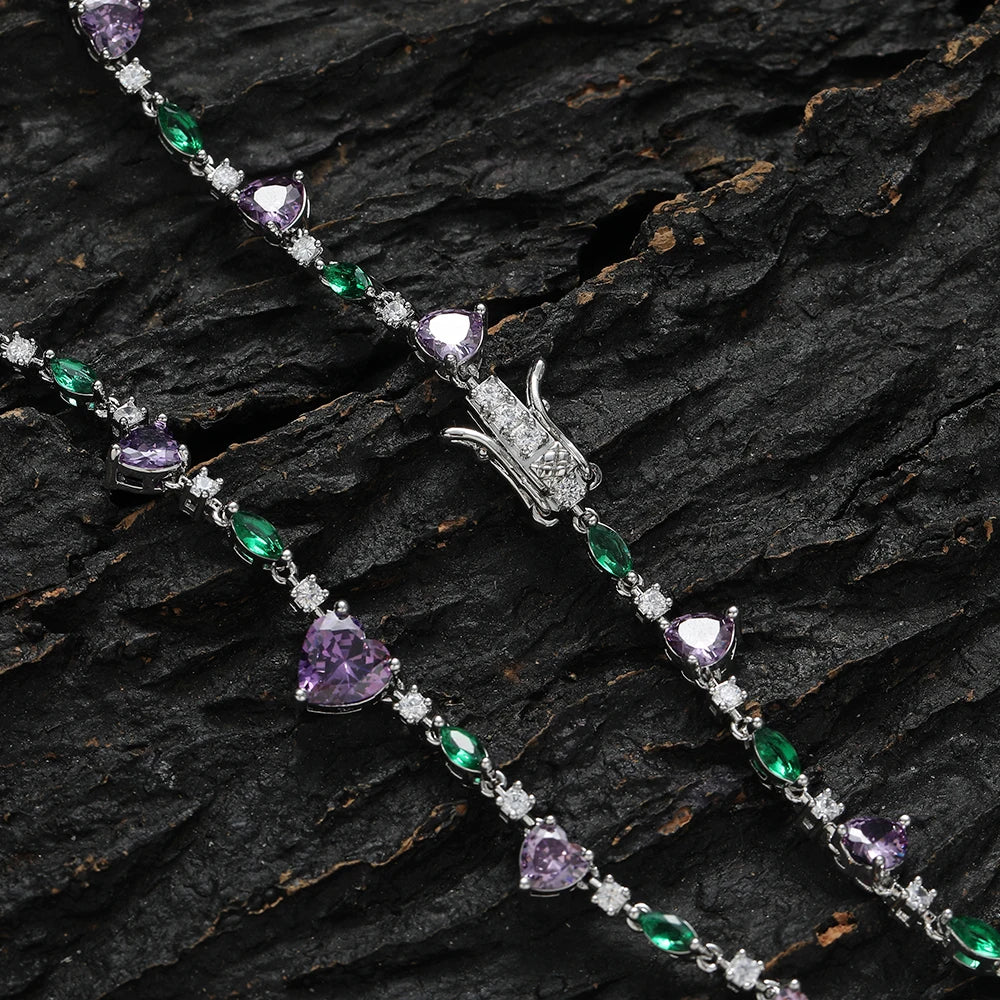 Colar de pedra coração roxo para mulheres, CZ tênis corrente, Bling Bling cadeia, latão, BC182