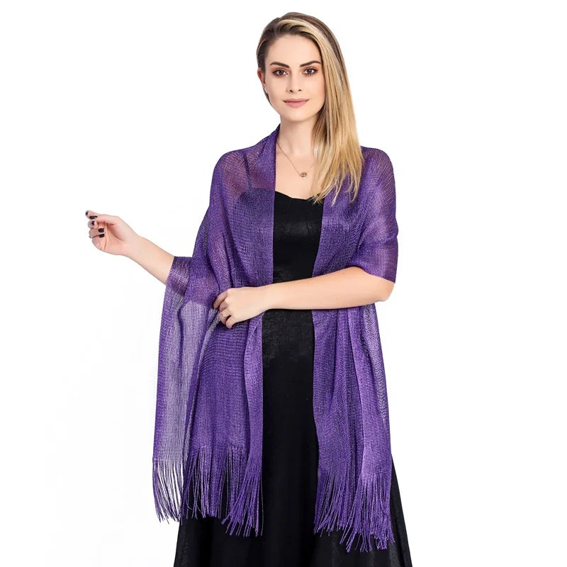 Moda Ouro Prata Brilhante Silk Sunscreen Scarf Feminino Long Tassel Evening Party Dress Xaile Verão Fino Praia Bikini Sun Cloak