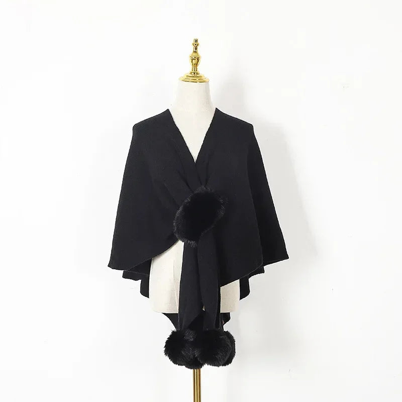 Imitação de lã bola pendurado cardigan outono inverno casaco feminino moda rua xale poncho senhora capas rosa