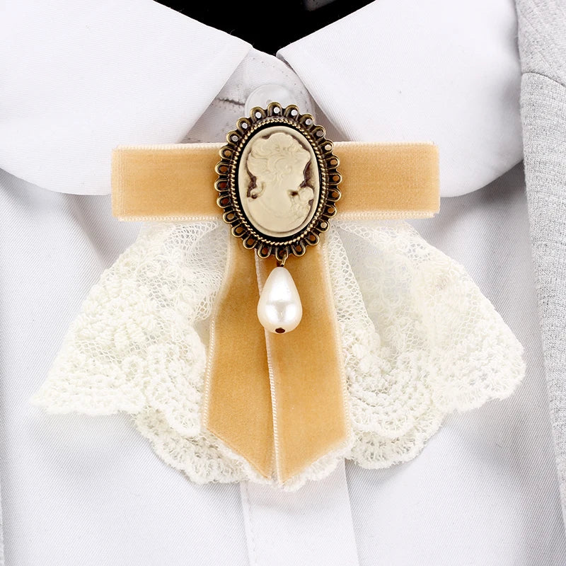 Elegante laço de veludo fita bowknot bronze banhado rainha cameo beleza cabeça veneziana pérola gota água feminino broche lapela pinos presentes