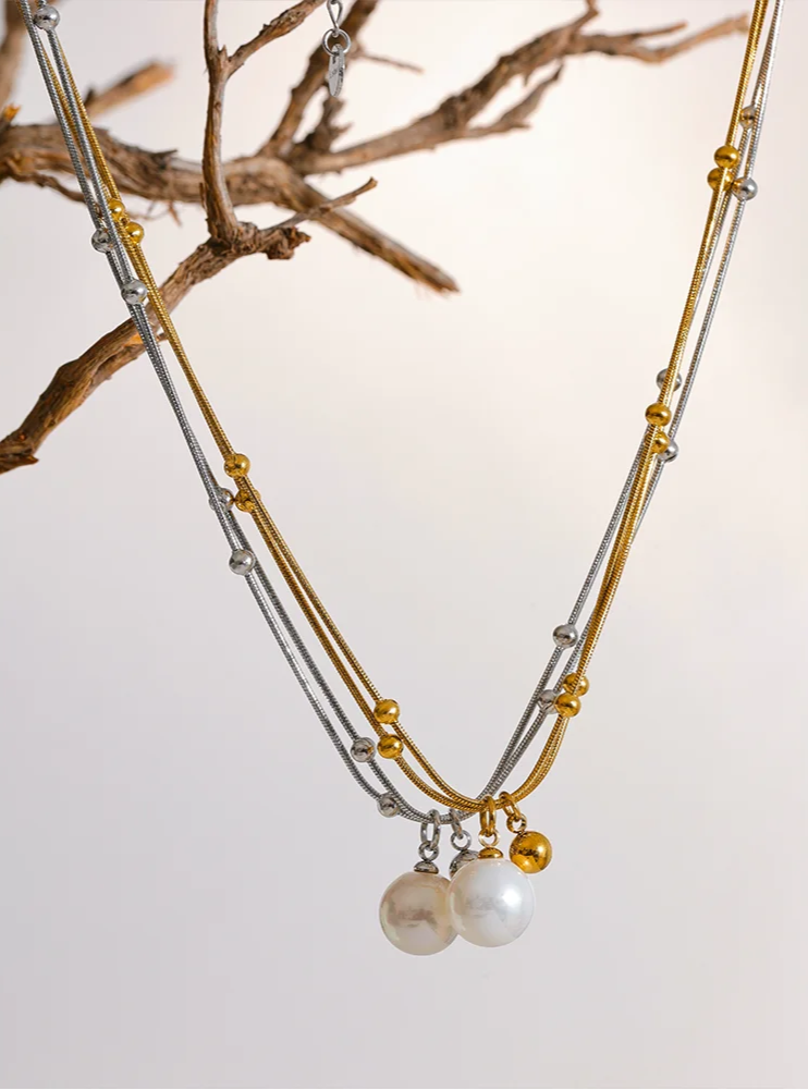 Yhpup elegante imitação de pérolas de aço inoxidável contas redondas corrente pingente colar para mulheres ouro prata cor jóias coreanas