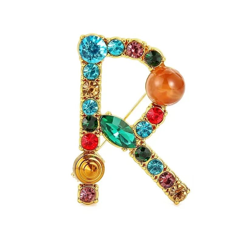Nova chegada inglês carta palavra broche colorido strass cristal lapela pinos para mulheres camisola terno broche festa jóias presentes
