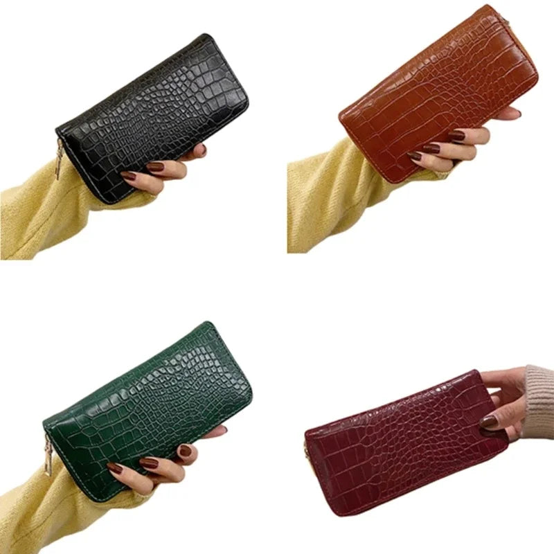 Carteira longa padrão crocodilo para mulheres, bolsa de armazenamento leve casual, grande capacidade, porta-moedas feminina, carteiras simples na moda