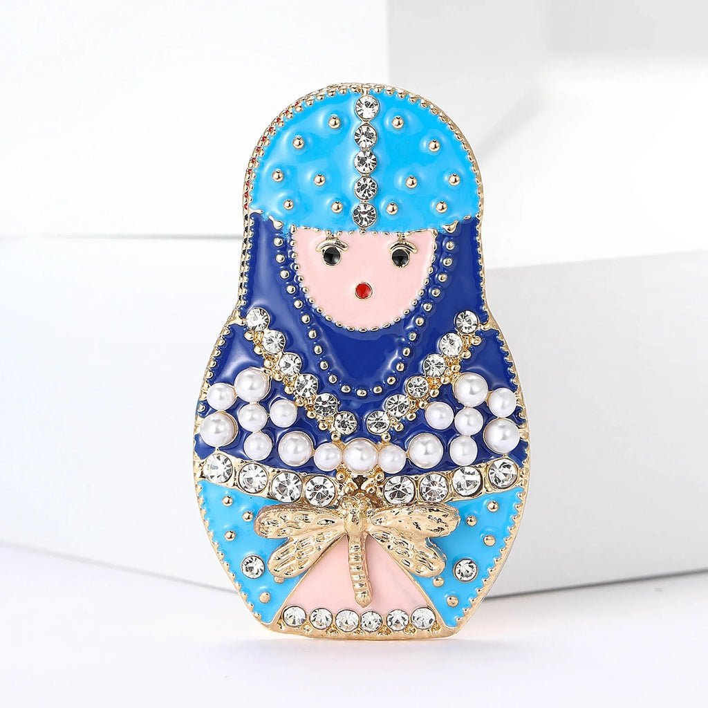Broche Boneca Russa Matryoshka Esmaltado com Strass Feminino Luxo