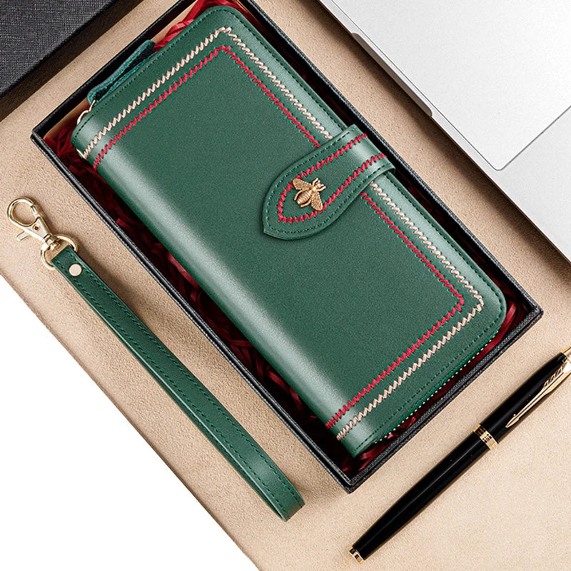 Carteira de couro genuíno para mulheres, titular do cartão, embreagem, bolsas femininas, longa bolsa de dinheiro, abelha, marca de luxo, pulseira, hasp telefone