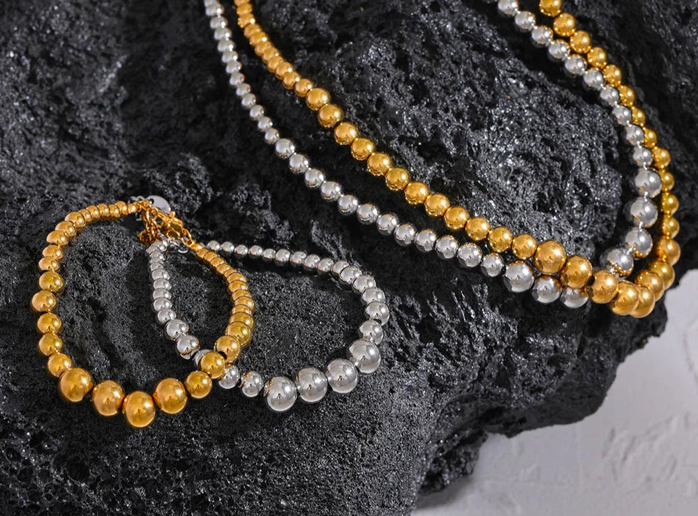 Yhpup contas de aço inoxidável artesanal moda corrente colar pulseira 18k pvd banhado à prova de ferrugem texturizado unissex jóias das mulheres dos homens