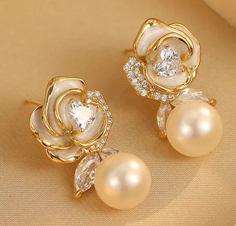 Minar temperamento esmalte cz zircônia cúbica imitação de pérola flor brincos para mulheres real banhado a ouro cobre jóias diárias