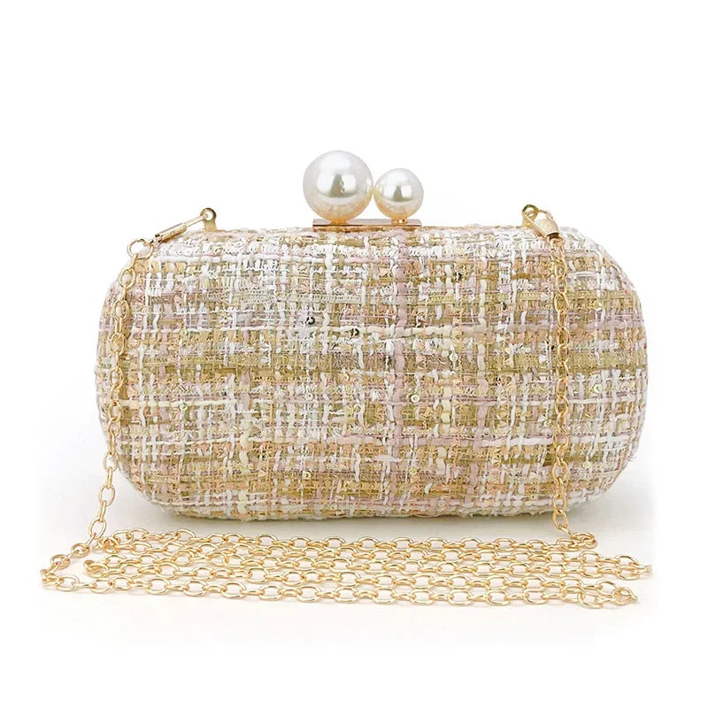 Saco de noite Sequin Tweed Faux Pearl Clutch Purse Bolsas Padrão Xadrez para Festa de Casamento Bolsas Crossbody de Ombro Pequeno