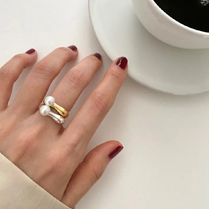 Voq cor prata elegante pérola anel ajustável feminino menina nova moda coreana jóias finas presente festa