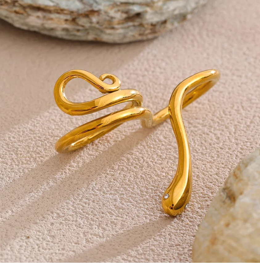 Yhpup 7 #   Anel de dedo duplo em forma de cobra de aço inoxidável com design exclusivo e elegante, joias PVD personalizadas banhadas a ouro 18K