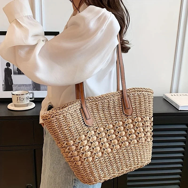 Moda oco saco de palha férias viagem praia saco de ombro feminino grande capacidade trançado sacola de compras diárias saco de mão
